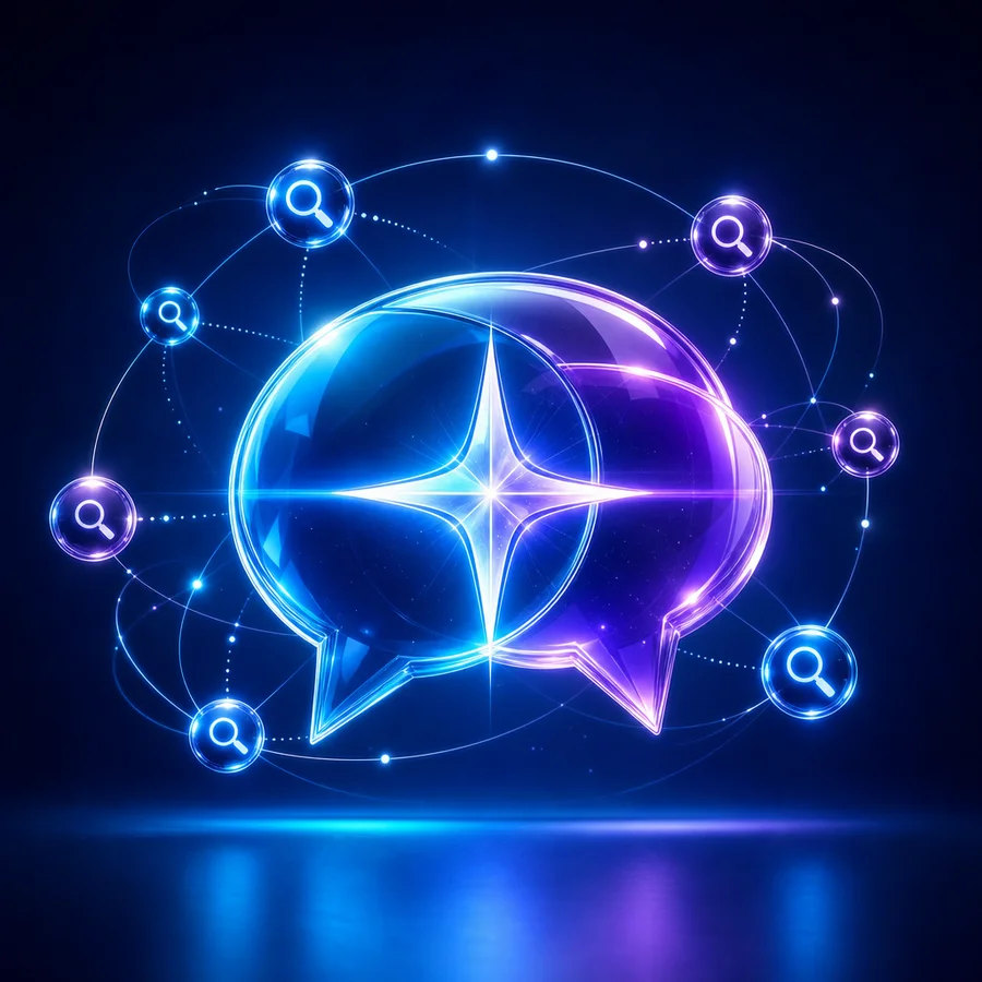 AI-Sichtbarkeit: leuchtende Sprechblasen und vernetzte Suchsymbole in Cyan und Violett