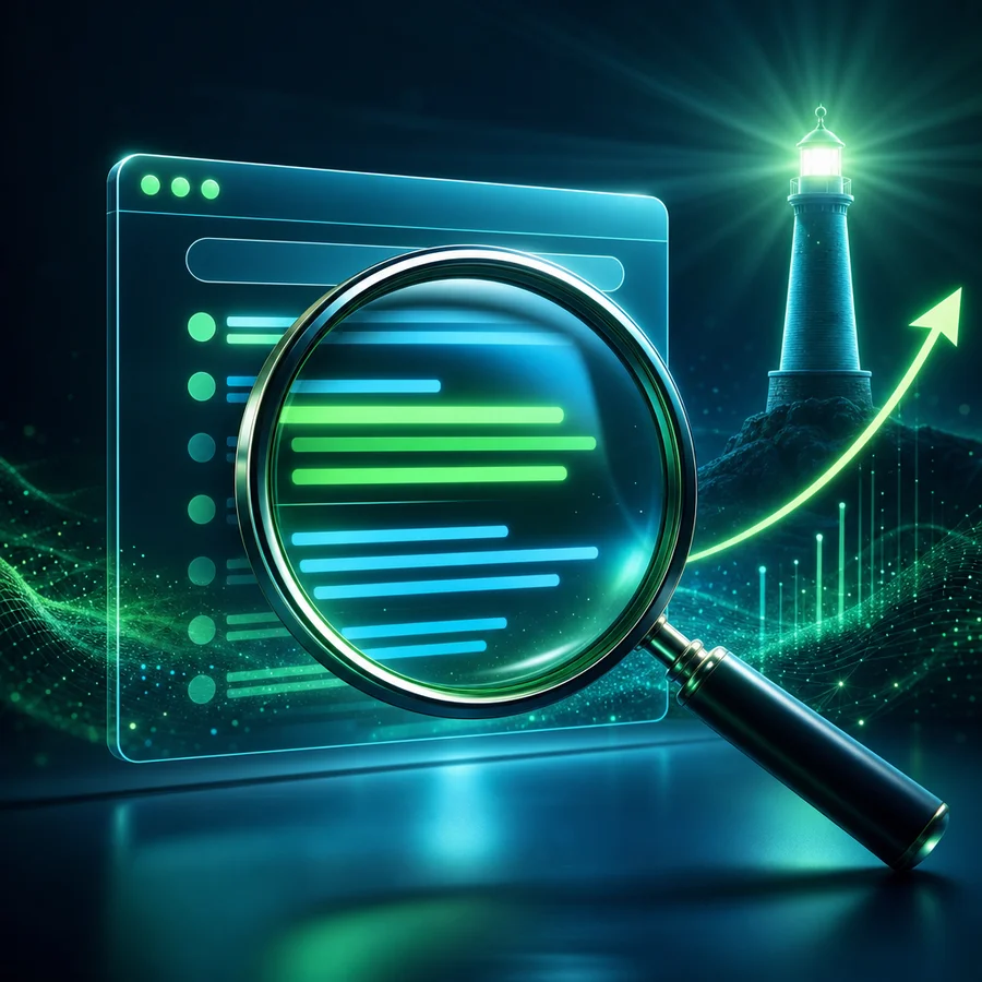 Starter Kit SEO: Suchlupe über einer Website mit leuchtenden Suchsignalen in Grün und Türkis