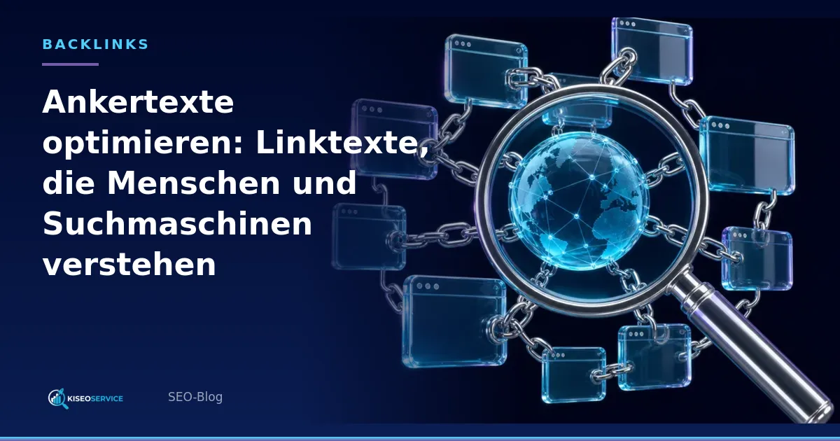 Ankertexte optimieren: Linktexte, die Menschen und Suchmaschinen verstehen – Titelgrafik mit Lupe, Globus und verketteten Website-Fenstern.