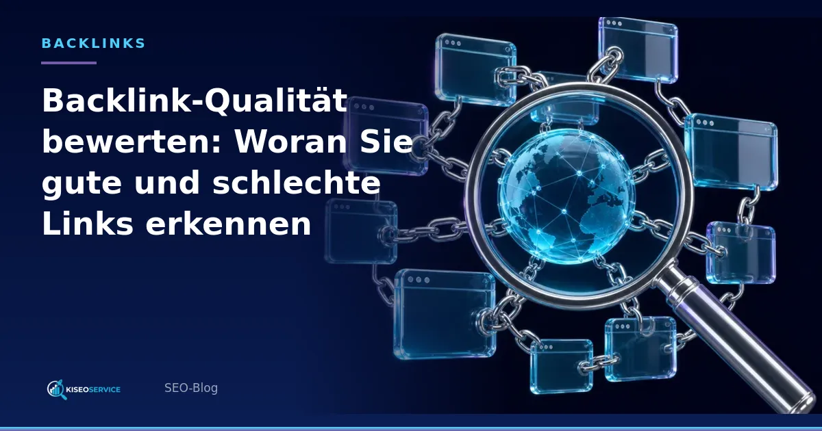 Backlink-Qualität bewerten: Woran Sie gute und schlechte Links erkennen – Titelgrafik mit Lupe, Globus und verketteten Website-Fenstern.
