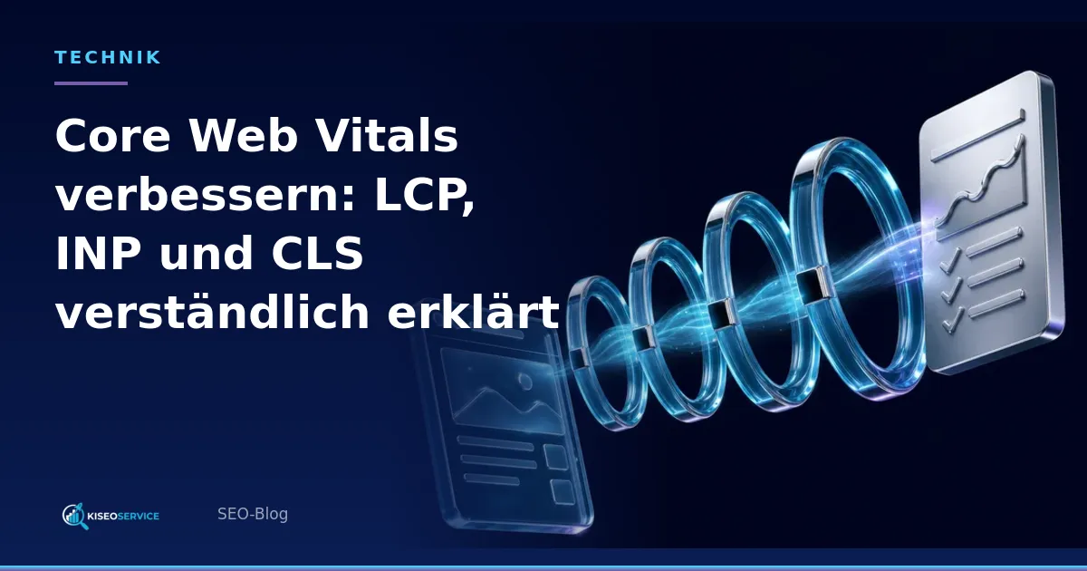 Core Web Vitals verbessern: LCP, INP und CLS verständlich erklärt – Titelgrafik mit Website, vier leuchtenden Prüfringen und Bericht.