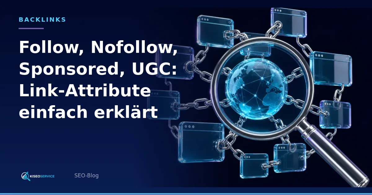 Follow, Nofollow, Sponsored, UGC: Link-Attribute einfach erklärt – Titelgrafik mit Lupe, Globus und verketteten Website-Fenstern.