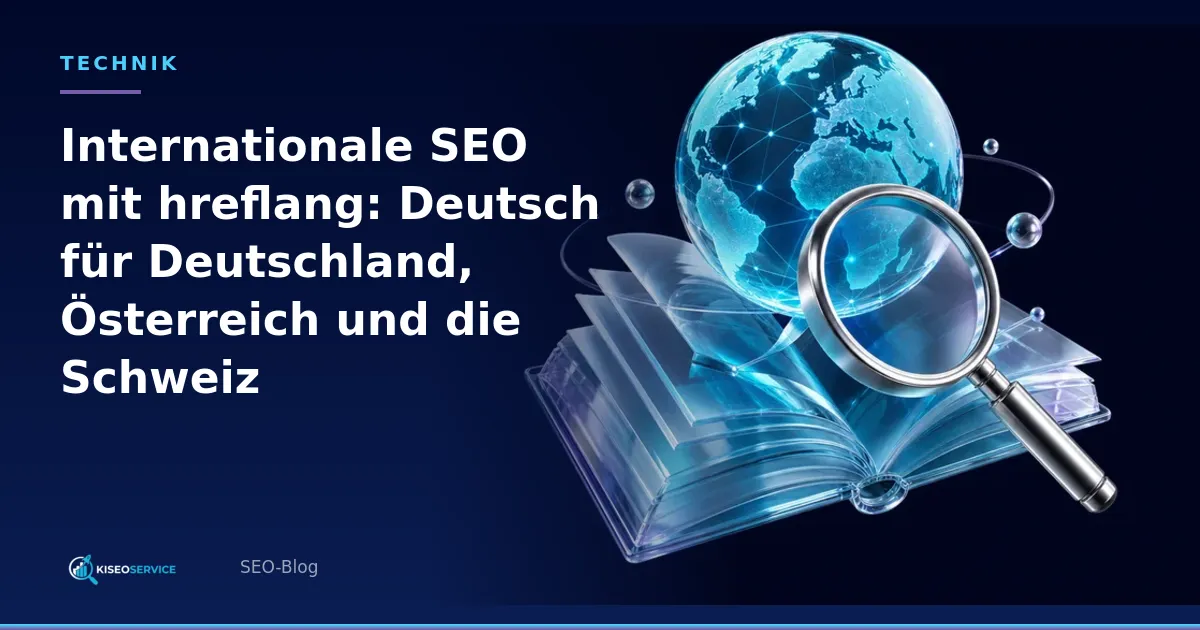 Internationale SEO mit hreflang: Deutsch für Deutschland, Österreich und die Schweiz – Titelgrafik mit aufgeschlagenem Buch, Globus und Lupe.