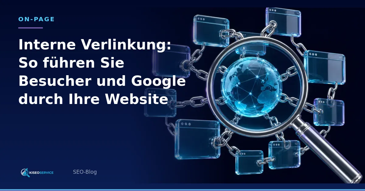 Interne Verlinkung: So führen Sie Besucher und Google durch Ihre Website – Titelgrafik mit Lupe, Globus und verketteten Website-Fenstern.