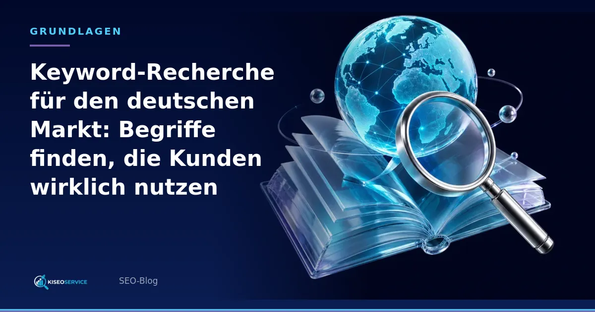 Keyword-Recherche für den deutschen Markt: Begriffe finden, die Kunden wirklich nutzen – Titelgrafik mit aufgeschlagenem Buch, Globus und Lupe.