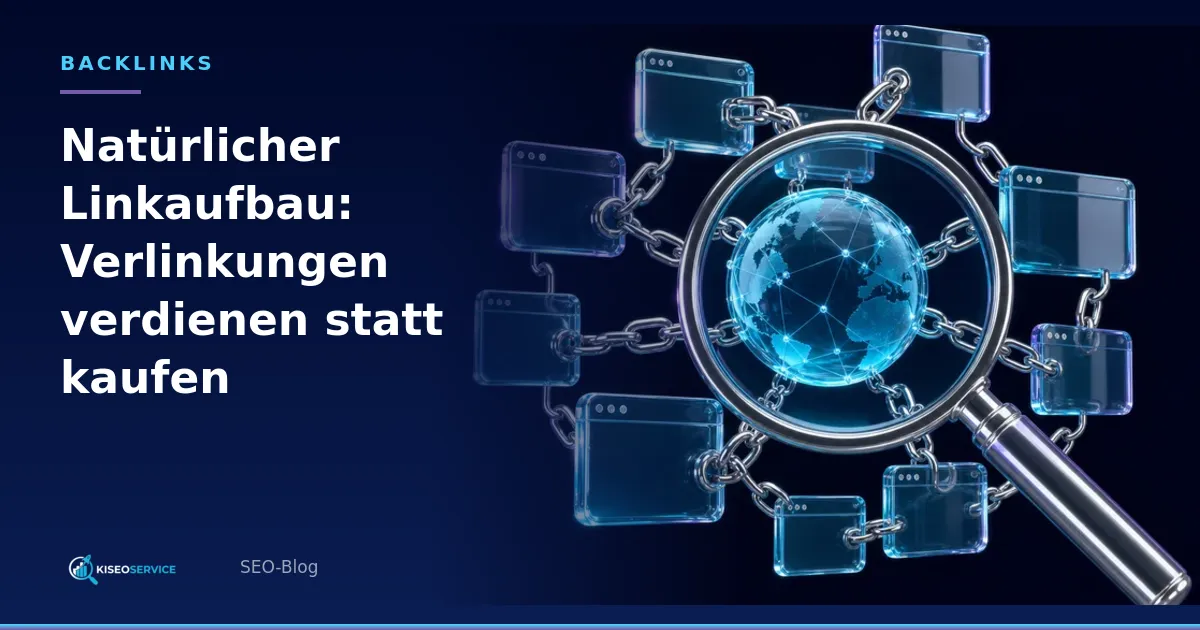 Natürlicher Linkaufbau: Verlinkungen verdienen statt kaufen – Titelgrafik mit Lupe, Globus und verketteten Website-Fenstern.