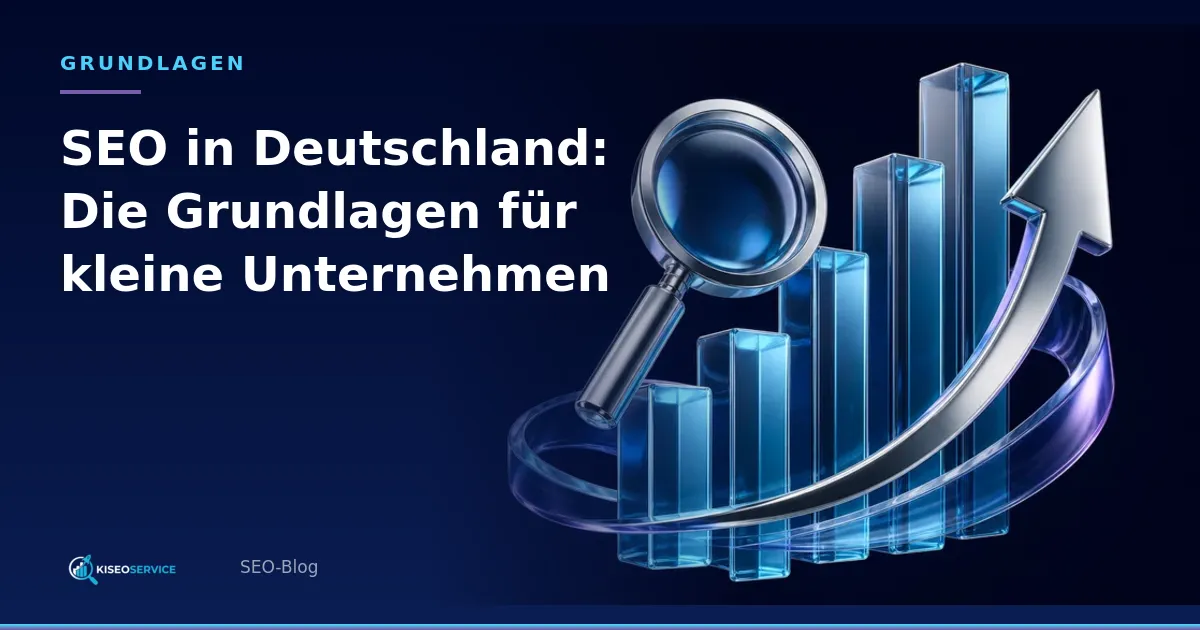 SEO in Deutschland: Die Grundlagen für kleine Unternehmen – Titelgrafik mit Suchlupe, aufsteigenden Säulen und Wachstumspfeil.