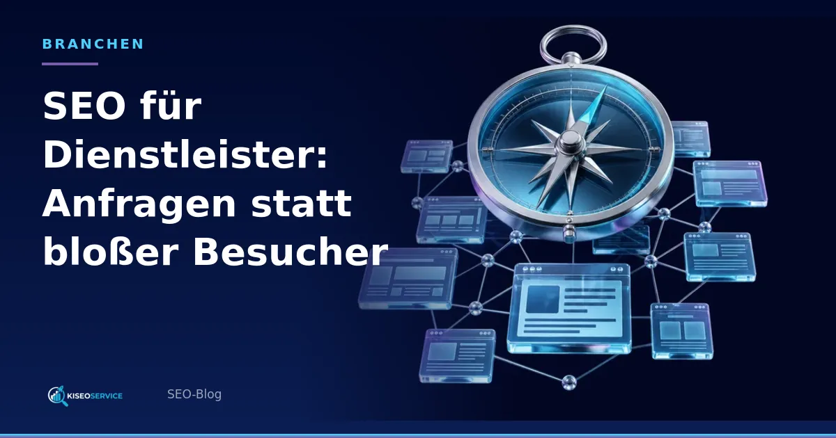 SEO für Dienstleister: Anfragen statt bloßer Besucher – Titelgrafik mit Kompass und vernetzten Webseiten.