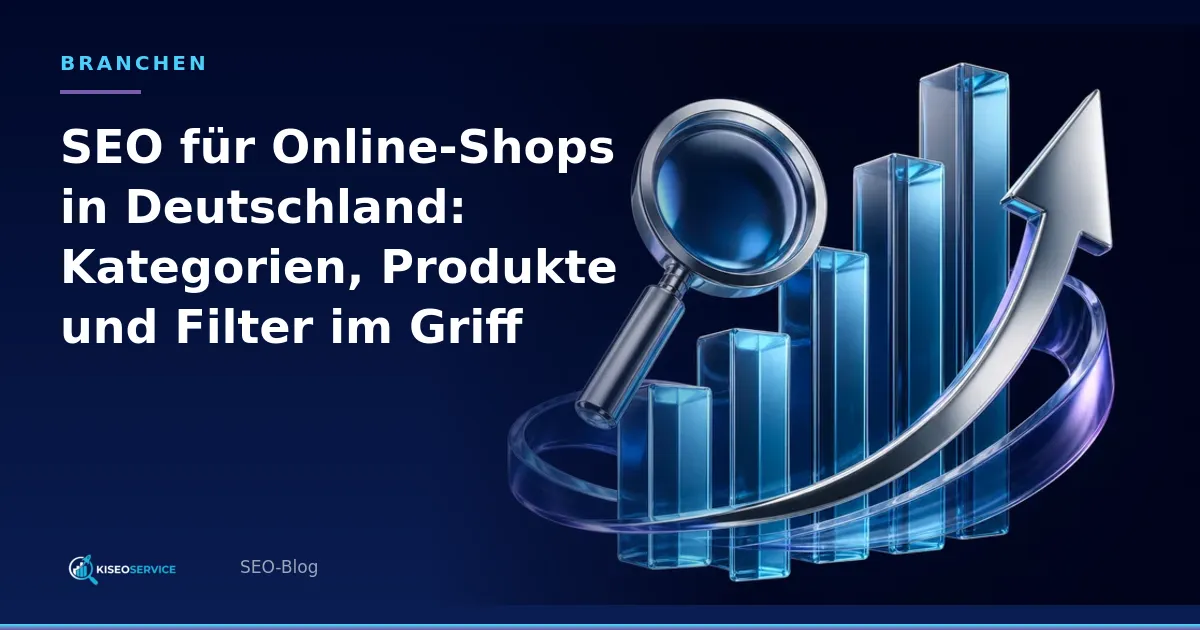 SEO für Online-Shops in Deutschland: Kategorien, Produkte und Filter im Griff – Titelgrafik mit Suchlupe, aufsteigenden Säulen und Wachstumspfeil.