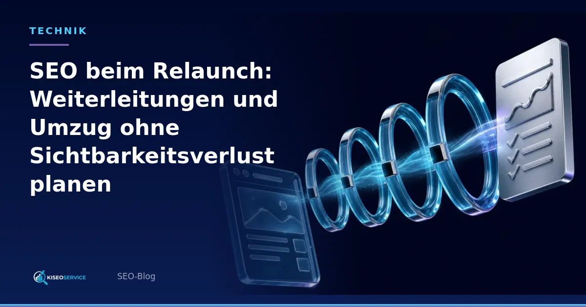 SEO beim Relaunch: Weiterleitungen und Umzug ohne Sichtbarkeitsverlust planen – Titelgrafik mit Website, vier leuchtenden Prüfringen und Bericht.