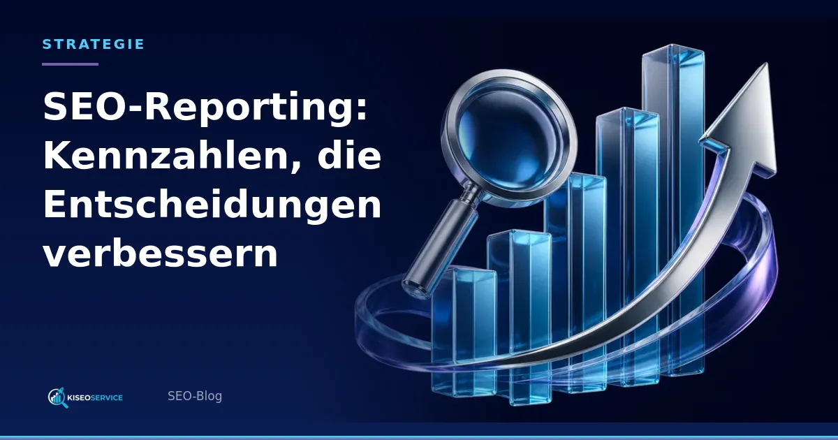 SEO-Reporting: Kennzahlen, die Entscheidungen verbessern – Titelgrafik mit Suchlupe, aufsteigenden Säulen und Wachstumspfeil.