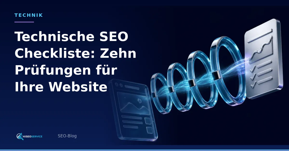 Technische SEO Checkliste: Zehn Prüfungen für Ihre Website – Titelgrafik mit Website, vier leuchtenden Prüfringen und Bericht.