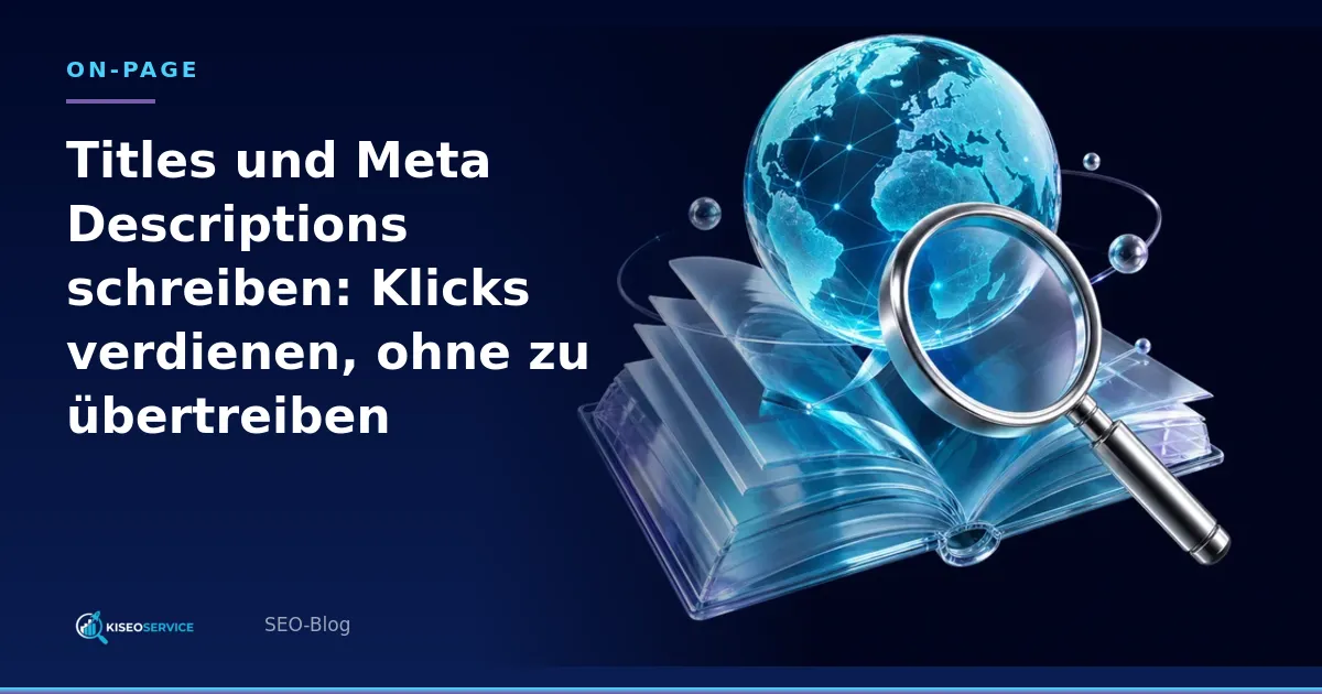 Titles und Meta Descriptions schreiben: Klicks verdienen, ohne zu übertreiben – Titelgrafik mit aufgeschlagenem Buch, Globus und Lupe.